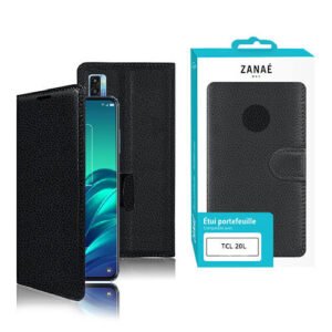 Étui portefeuille noir en simili cuir ZANAÉ pour TCL 20L avec fermeture magnétique élégante.
