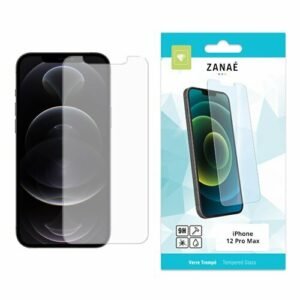 Verre trempé ZANAË transparent pour iPhone 12 Pro Max avec emballage bleu et blanc élégant.