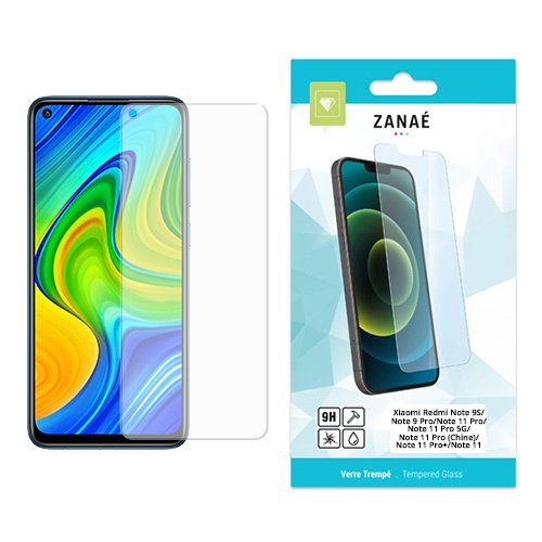Protection écran verre trempé ZANAË avec smartphone et emballage moderne, clarté HD et résistance 9H.
