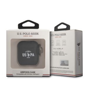 Étui AirPods noir U.S. Polo Assn. avec logo blanc et emballage raffiné.