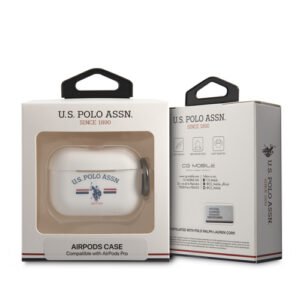 Étui AirPods Pro U.S. Polo Assn. blanc avec logo cavaliers, détails rouges et bleus élégants.