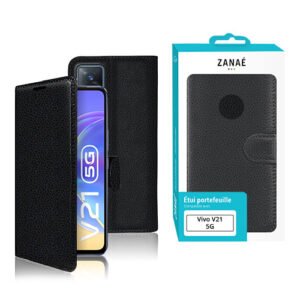 Étui portefeuille noir en similicuir pour Vivo V21 5G avec design élégant et protection complète.