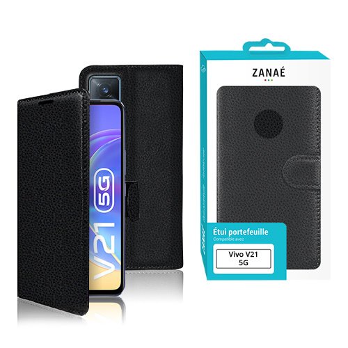 Étui portefeuille noir en similicuir pour Vivo V21 5G avec design élégant et protection complète.
