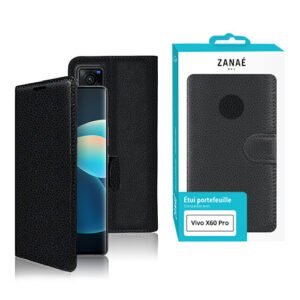 Coque portefeuille noire Zanaé pour Vivo X60 Pro avec finition cuir et rabat magnétique.