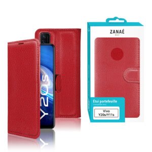 Étui portefeuille rouge en simili cuir pour Vivo Y20s/Y11s avec fermeture magnétique élégante.