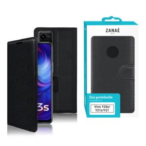 Étui portefeuille noir en cuir pour Vivo Y33s, Y21s et Y21 avec fermeture magnétique élégante.