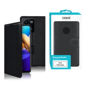 Étui portefeuille noir ZANAÉ pour Vivo Y35 et Y22s avec fermeture magnétique élégante.