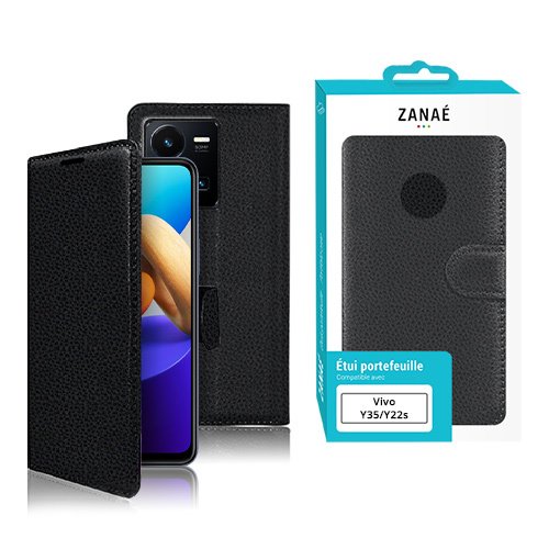 Étui portefeuille noir ZANAÉ pour Vivo Y35 et Y22s avec fermeture magnétique élégante.