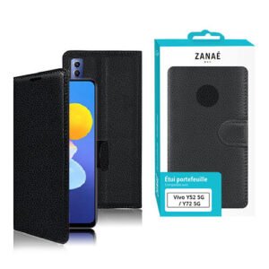 Étui portefeuille noir élégant pour Vivo Y52/Y72 5G, en cuir synthétique avec rabat magnétique.
