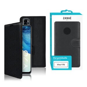Étui portefeuille noir ZANAÉ pour Vivo Y70, en simili cuir texturé avec fermeture magnétique.