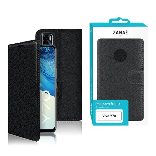 Étui portefeuille noir ZANAÉ pour Vivo Y70, en simili cuir texturé avec fermeture magnétique.