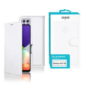 Étui portefeuille blanc élégant ZANAÉ pour Samsung Galaxy A22 4G, simili cuir avec surpiqûres.