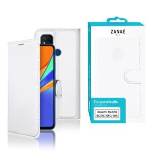 Étui portefeuille blanc ZANAÉ pour Xiaomi Redmi 9C ou 10A avec fermeture magnétique.