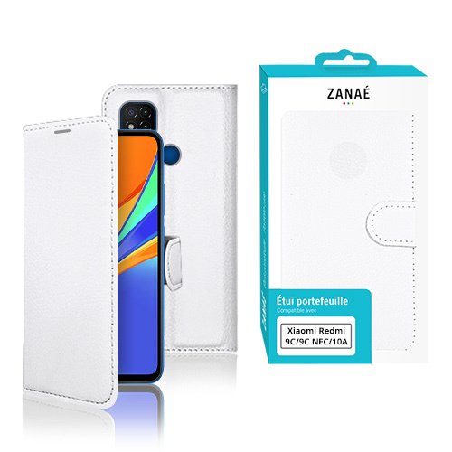 Étui portefeuille blanc ZANAÉ pour Xiaomi Redmi 9C ou 10A avec fermeture magnétique.