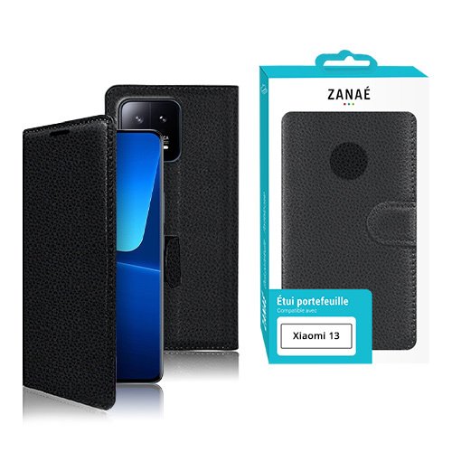 Étui portefeuille noir texturé ZANAÉ pour Xiaomi 13, élégant, protecteur et au design professionnel.