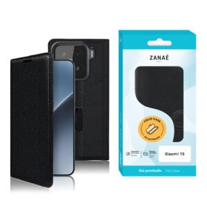 Étui à rabat noir texturé pour Xiaomi 15 avec emballage ZANAÉ moderne et élégant.