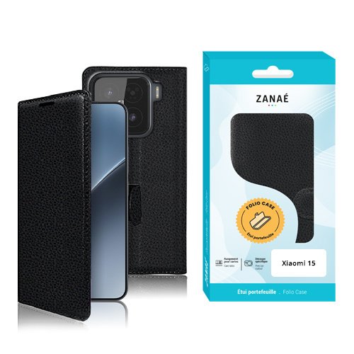Étui à rabat noir texturé pour Xiaomi 15 avec emballage ZANAÉ moderne et élégant.