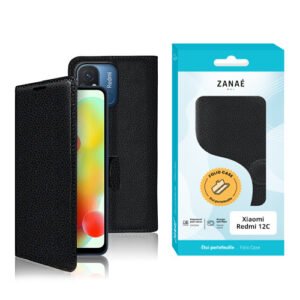 Étui folio noir en simili cuir pour Xiaomi Redmi 12C avec emballage turquoise ZANAE.