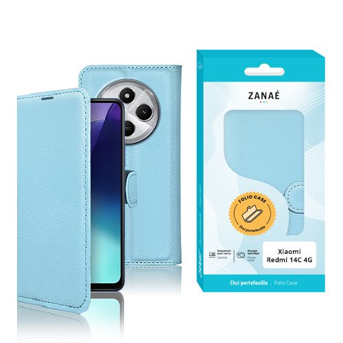 Étui portefeuille bleu clair ZANAÉ pour Xiaomi Redmi 14C 4G avec fermeture magnétique élégante