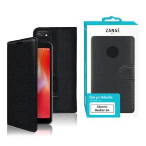 Étui portefeuille noir ZANAÉ pour Xiaomi Redmi 6A, texture cuir avec fermeture magnétique élégante.
