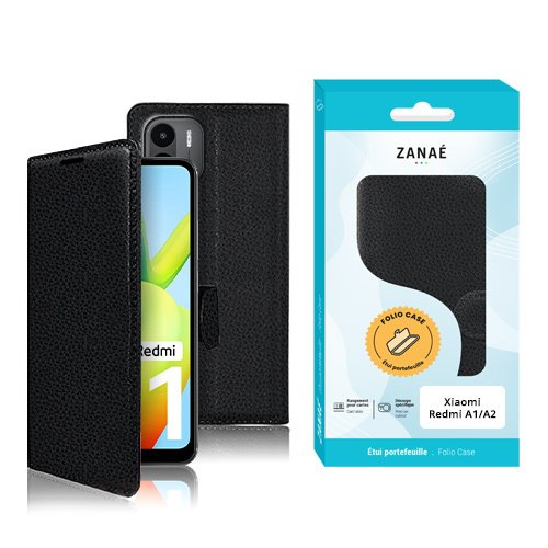 Étui portefeuille noir ZANAÉ pour Xiaomi Redmi A1/A2 en similicuir avec fermeture magnétique.