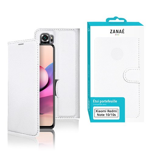 Étui portefeuille blanc ZANAÉ pour Xiaomi Redmi Note 10/10S, cuir synthétique avec fermeture magnétique.