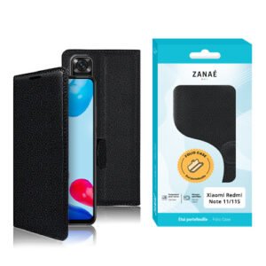 Coque folio noire ZANAÉ pour Xiaomi Redmi Note 11/11S, élégante et protectrice en simili cuir.