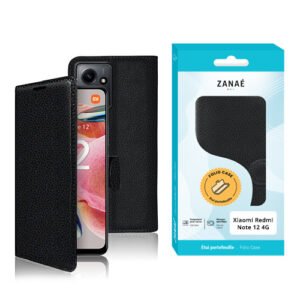 Étui folio noir texturé pour Xiaomi Redmi Note 12 4G avec emballage ZANAÉ élégant.