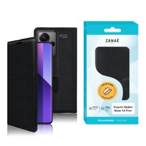 Étui folio noir premium pour Xiaomi Redmi Note 13 Pro+ avec emballage turquoise élégant.