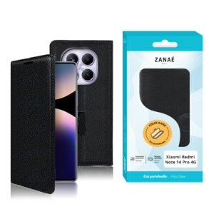 Coque folio noire ZANAÉ pour Xiaomi Redmi Note 14 Pro 4G avec emballage moderne.