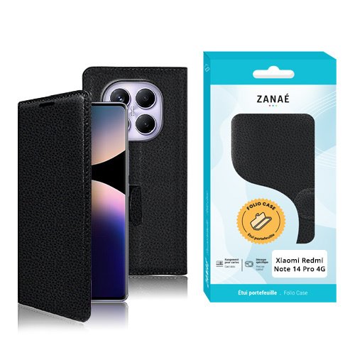Coque folio noire ZANAÉ pour Xiaomi Redmi Note 14 Pro 4G avec emballage moderne.