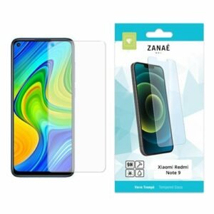 Verre trempé 9H transparent pour Xiaomi Redmi Note 9 avec emballage turquoise et téléphone affiché.