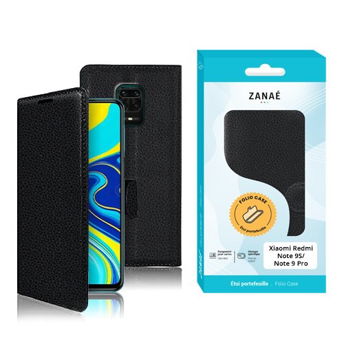 Étui folio noir ZANAÉ pour Xiaomi Redmi Note 9S et 9 Pro, élégant et protecteur.