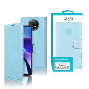Étui portefeuille bleu clair élégant pour Xiaomi Redmi Note 9T avec design cuir et fermeture magnétique