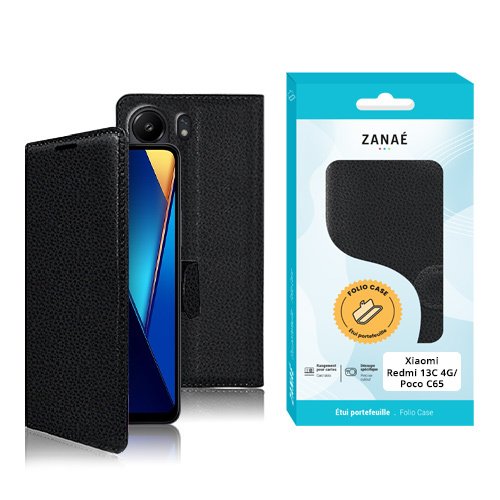 Coque folio noire ZANAÉ élégante et protectrice pour Xiaomi Redmi 13C et Poco C65