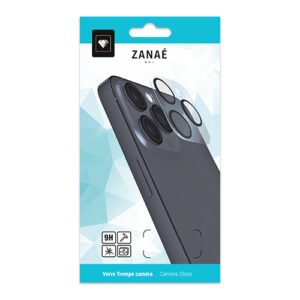 Emballage ZANAÉ verre trempé 9H pour protection caméra iPhone, design bleu et blanc moderne.