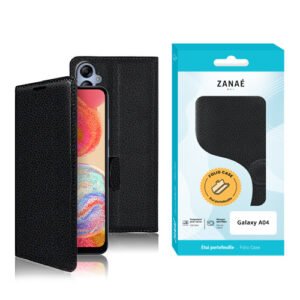 Étui folio noir ZANAÉ pour Samsung Galaxy A04 avec emballage bleu et blanc moderne.