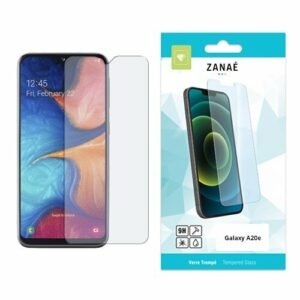 Film verre trempé ZANAÉ pour Samsung Galaxy A20e avec emballage turquoise moderne et résistant.