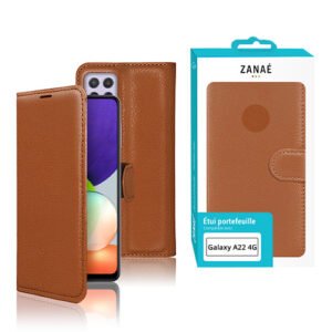 Étui portefeuille ZANAÉ marron clair pour Samsung Galaxy A22 4G, élégant, fin et protecteur.