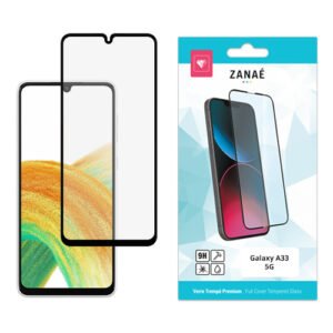 Verre trempé intégral Zanae pour Samsung Galaxy A33 5G avec emballage turquoise élégant.