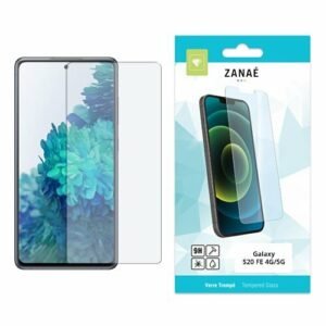Verre trempé 9H ZANAÈ pour Samsung Galaxy S20 FE avec emballage blanc et bleu.