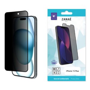 Protection d’écran ZANAÉ iPhone 15 Plus, verre trempé 9H avec filtre de confidentialité.