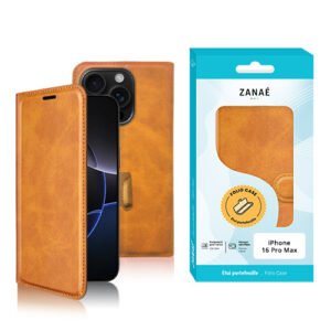 Coque folio caramel ZANAÉ pour iPhone 15 Pro Max, élégante, magnétique et protectrice.