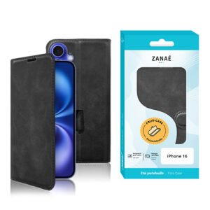 Étui folio ZANAÉ noir pour iPhone 16, élégant, protecteur et présenté en coffret turquoise.