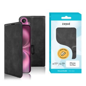 Étui folio cuir noir Zanaé pour iPhone 16 Plus, design élégant et protection haut de gamme.