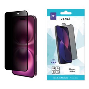 Verre trempé confidentialité ZANAÉ iPhone 16 Plus, protection 9H anti‑regard élégante.