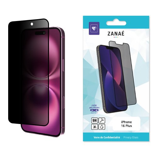 Verre trempé confidentialité ZANAÉ iPhone 16 Plus, protection 9H anti‑regard élégante.
