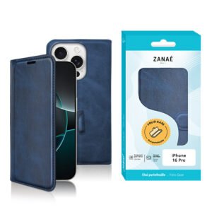 Étui folio bleu marine ZANAÉ pour iPhone 16 Pro avec design élégant et protection premium.