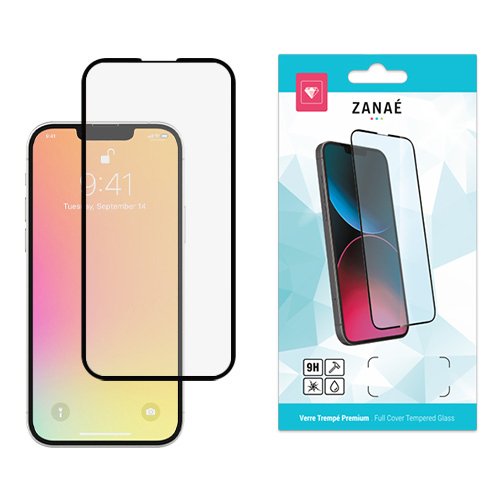 Verre trempé ZANAÉ pour iPhone avec protection 9H et emballage bleu et blanc élégant
