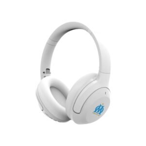 Casque Bluetooth blanc élégant avec logo bleu de l’Olympique de Marseille officiel.